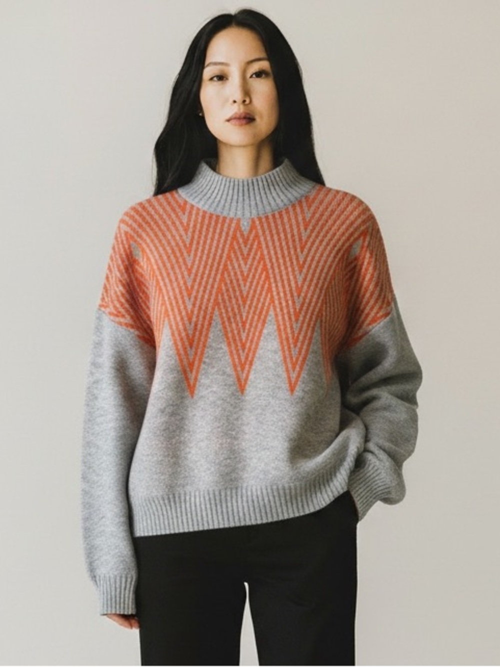 Gray and Orange Patterned Drop Shoulder Women's Sweater